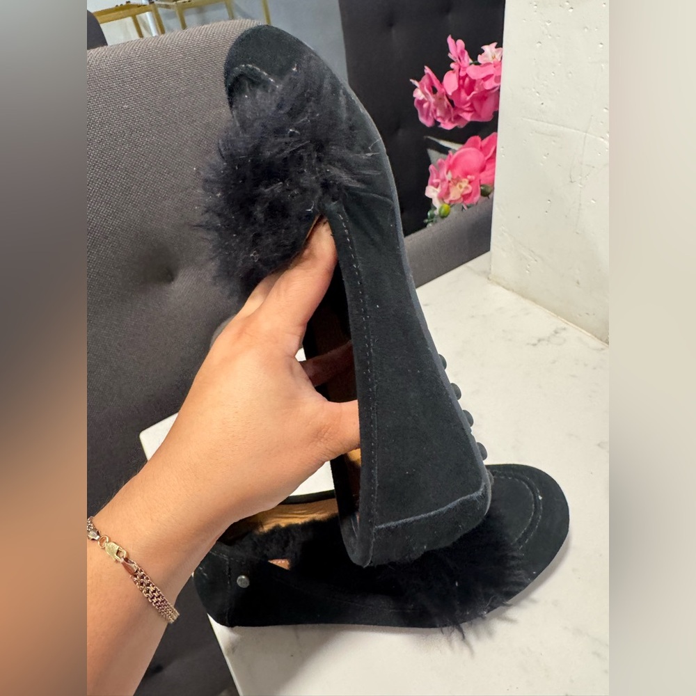 UGG Black Suede Loafers with Faux Fur Detail - Picture 9 of 11